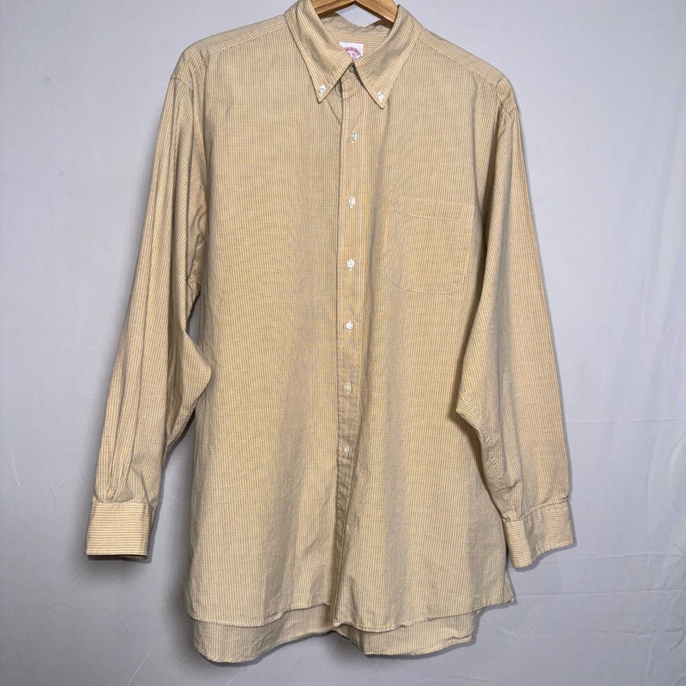 Brooks Brothers Mens Button Down Shirt 17.5-35 Yellow Blue‎ Micro Check Cotton